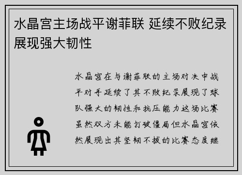 水晶宫主场战平谢菲联 延续不败纪录展现强大韧性